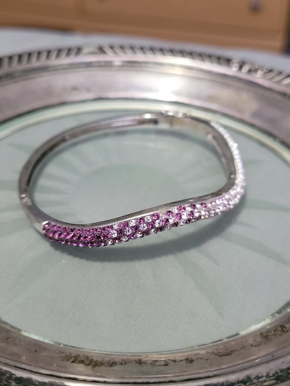 Silver Tone Pink Crystal Pave Bangle Bracelet